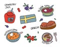 Sweden cuisine meals  scandinavian food dishes vector. Gravlax  Soup  jam kottbullar. Royalty Free Stock Photo