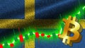 Sweden Fabric Wavy Flag, Stock Market Graph, Bitcoin Icon Illustration