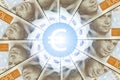 Sweden finance and economics concept. Krone banknotes pattern with euro glowing sign inside. Money background image. Cooperation