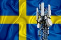 Sweden flag, background with space for your logo - industrial 3D illustration. 5G smart mobile phone radio network antenna base