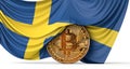 Sweden flag draped over a bitcoin cryptocurrency coin. 3D Rendering