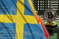 Sweden flag and falling red arrow on bitcoin mining screen and two physical golden bitcoins