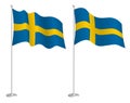 Sweden flag on flagpole waving in the wind. Holiday design element. Checkpoint for map symbols. Isolated vector on white Royalty Free Stock Photo