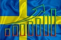 Sweden flag with a graph of price increases for the country`s currency. Rising prices for shares of companies and cryptocurrencie