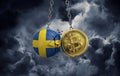 Sweden flag smashing into a gold bitcoin crypto coin. 3D Rendering