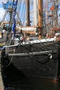 Sweden Gaff schooner 2 Constantia near pier. Front view along starboard side closeup