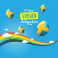 Sweden indepedence day celebration banner or poster with greeting text and balloons in sky with rainbow and clouds