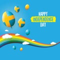 Sweden indepedence day celebration banner or poster with greeting text and balloons in sky with rainbow and clouds