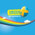 Sweden indepedence day celebration banner or poster with greeting text and balloons in sky with rainbow and clouds