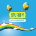 Sweden indepedence day celebration banner or poster with greeting text and balloons in sky with rainbow and clouds