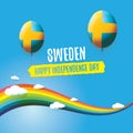 Sweden indepedence day celebration banner or poster with greeting text and balloons in sky with rainbow and clouds