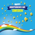 Sweden indepedence day celebration banner or poster with greeting text and balloons in sky with rainbow and clouds