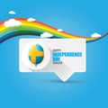 Sweden indepedence day celebration banner or poster with greeting text and balloons in sky with rainbow and clouds