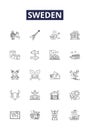 Sweden line vector icons and signs. swedish, europe, travel, scandinavia, blue, summer, tourism,house outline vector