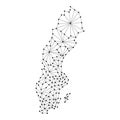 Sweden map of polygonal mosaic lines network, rays, dots illustration.