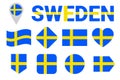 Sweden national flags vector set. Collection of Swedish flags. Flat isolated icons. Illustration with text Sweden in traditional c