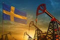 Sweden oil industry concept. Industrial illustration - Sweden flag and oil wells against the blue and yellow sunset sky background Royalty Free Stock Photo