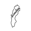 Sweden outline map with the handwritten country name. Continuous line drawing of patriotic home sign