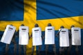 Sweden protest fighting concept, police special forces protecting order against riot - military 3D Illustration on flag background