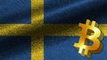 Sweden Realistic Fabric Texture Effect Wavy Flag, Bitcoin Icon Illustration