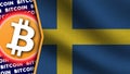 Sweden Realistic Wavy Flag, Bitcoin Logo and Titles, Circle Neon 3D Illustration