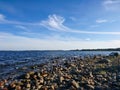 Sweden rocky sea side. Northern epic bright blue sky and nice clouds sunny landscape