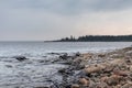 Sweden rocky sea side. Northern epic mystic cloudy grey landscape