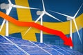 Sweden solar and wind energy lowering chart, arrow down - modern natural energy industrial illustration. 3D Illustration