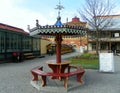 Sweden, Stockholm, Djurgarden Island, Skansen, resting table with benches on the on the territory museum