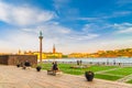 View of Monument Engelbrekt and people sitting near Stockholm City Hall