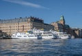 Sweden Stockholm view of Norrmalm district with Taxi and Tour Boats on a sunny day Royalty Free Stock Photo