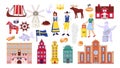 Sweden symbols set with Stockholm city buildings, sightseeings and landmarks, swedes people vector illustrations