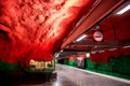 Stockholm, Sweden : underground metro or tunnelbana station Solna Centrum with fire like wall designs