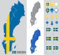 Sweden vector map with flag, globe and icons on white background