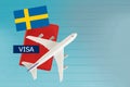 Sweden Visa and passport with airplane and flag on white background with copy space Royalty Free Stock Photo