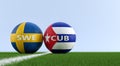 Sweden vs. Cuba Soccer Match - Soccer balls in Sweden and Cuba national colors on a soccer field.
