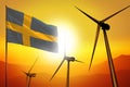 Sweden wind energy, alternative energy environment concept with wind turbines and flag on sunset industrial illustration - Royalty Free Stock Photo