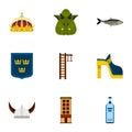 Swedish attractions icons set, flat style