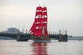 Swedish brig `Three crowns` Tre Cronor against the background of Trinity Bridge. Fragment of a rehearsal of the holiday `Scarlet