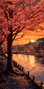 Swedish Cherry Blossom Sunrise Sunset Painting Hd Wallpaper