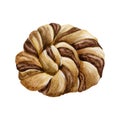 Swedish chocolate braided bread bun with cinnamon watercolor illustration. Bakery round dessert, wreath pastry