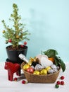 Swedish Christmas gift basket with sweets, fruits, and champagne Royalty Free Stock Photo