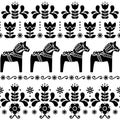 Swedish Dala horse pattern, Scandinavian seamless folk art design with flowers