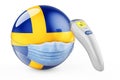 Swedish flag with medical mask and infrared electronic thermometer. Pandemic in Sweden concept, 3D rendering
