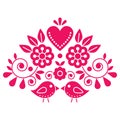 Swedish folk art vector cute pattern with pink birds, heart, and flowers inspired by the traditional Scandinavian art - Valentine` Royalty Free Stock Photo