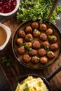 Swedish food Kottbullar meatballs, served in a pan with mashed potatoes, parsley and cranberry sauce Royalty Free Stock Photo