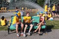 Swedish football fans talk to a ukrainian girl Royalty Free Stock Photo