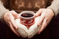 Swedish glogg or mulled wine in knitted gloves. Royalty Free Stock Photo
