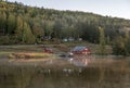 Swedish houses and mountain ant the sea at skuleberget campsite caravan camping in Hoga Kusten Sweden