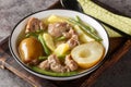 Swedish Lamb stew with fresh pears, potatoes, green beans close-up in a bowl. horizontal Royalty Free Stock Photo